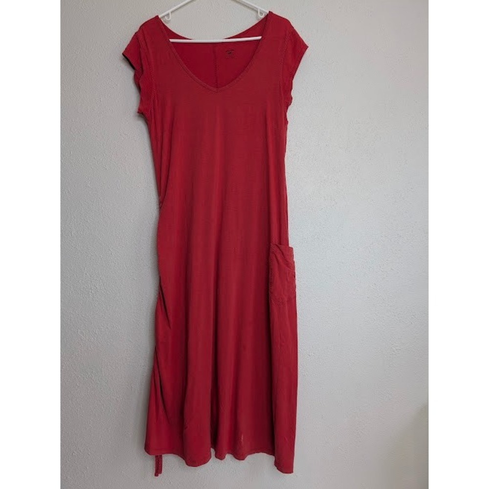 Horny Toad Womens V-Neck Ruched Pocket Midi Dress Medium Red Cotton Blend Casual
